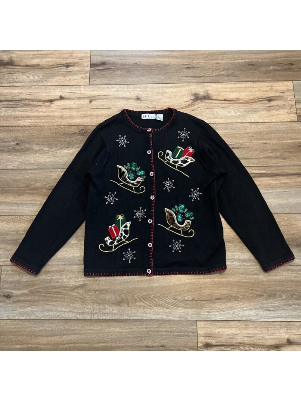 Women's B.P. Designs Christmas Cardigan Sweater SZ Medium Ugly Holiday Sleigh